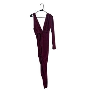 IVIN IVIN Maxi Dress Womens M Burgundy One Sleeve Deep V Ruched Long